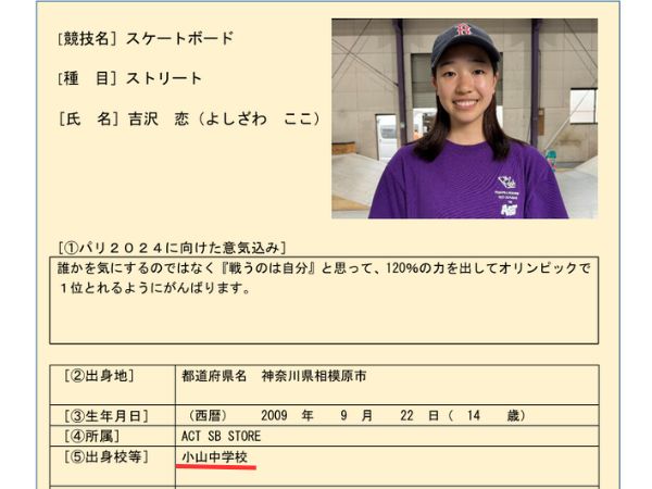 吉沢恋、相模原市立小山中学校